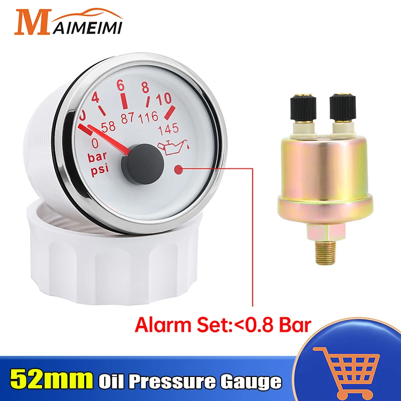 52mm Oil Pressure Gauge with Sensor 0-5bar 0-10bar PSI Oil Press Gauge With Alarm LED Red Backlight for 12V 24V Car Boat Marine