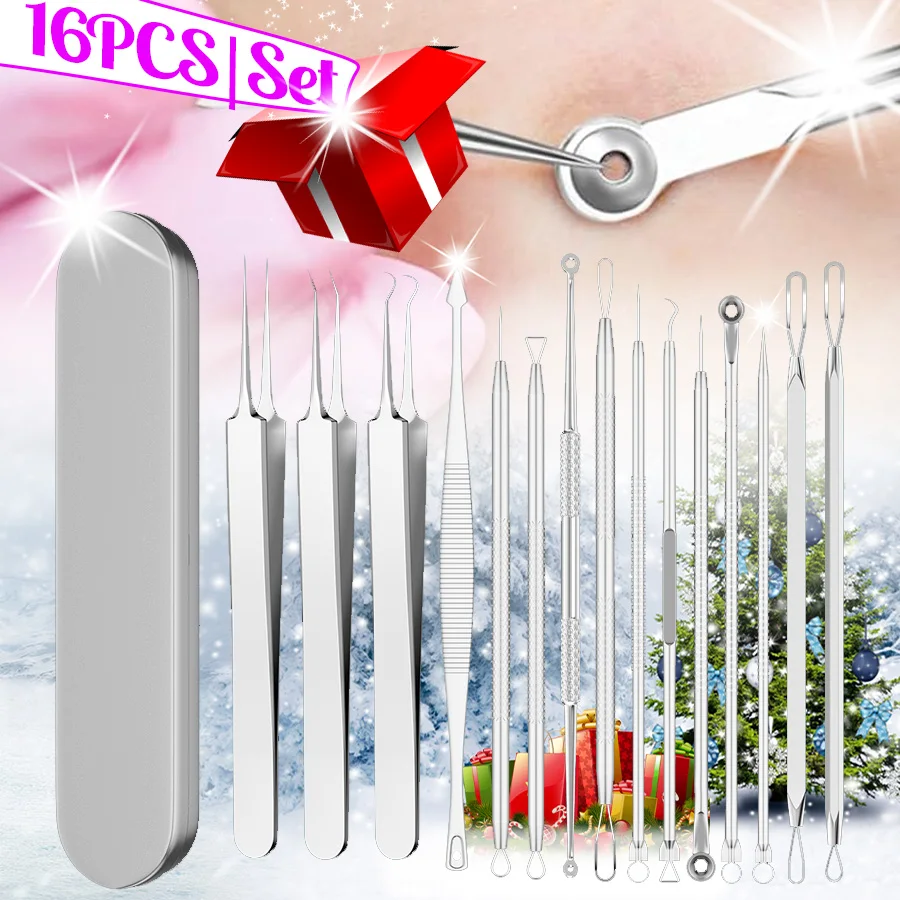 16PCS Blackhead Remover Kit, Professional Pimple Extractor Comedone Popper Tool for Face & Nose, Skin Care Set for All Skin Type