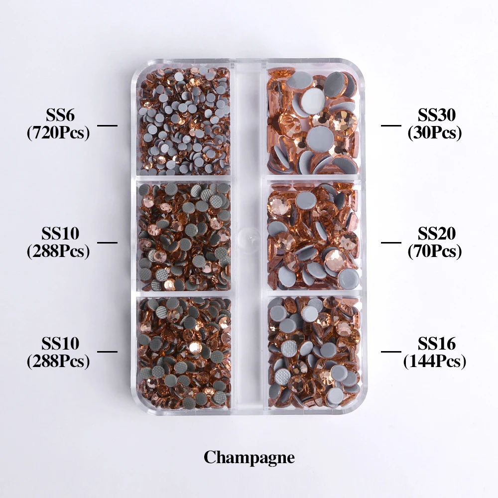 SS6-SS30 Gemengde Maten Glas Hotfix Steentjes 6Grid Box Platte Achterkant Glitter Kristal Strass Ijzer Op Steentjes voor Kleding