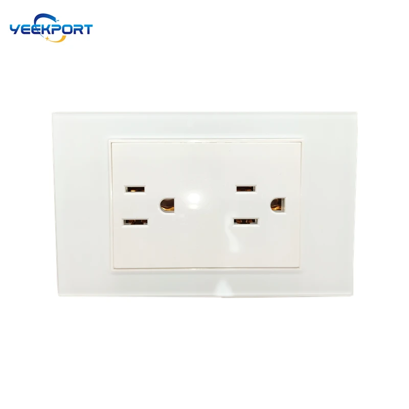 

118-миллиметровая американская стандартная бытовая розетка с 2-мя гнездами, белая панель из закаленного стекла, 16А, 3-контактная, комбинация розетки и выключателя.