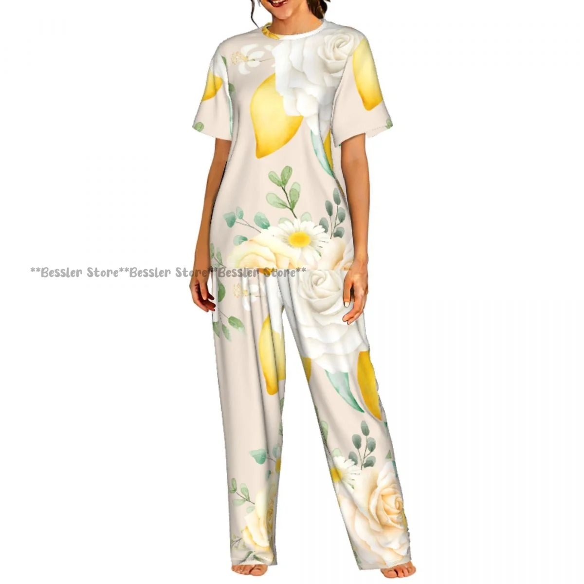 

Women's Pajamas Set Watercolor Floral With Lemons Short Sleeve Sleepwear 2 Piece Homewear Loungewear