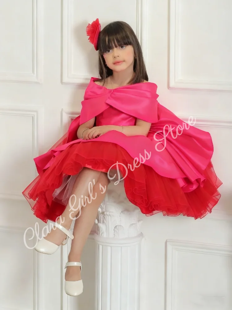 Vestido de niña de flores de satén rojo rosa, vestido hinchado de boda con hombros descubiertos, vestido personalizado para fiesta de cumpleaños infantil y primera comunión