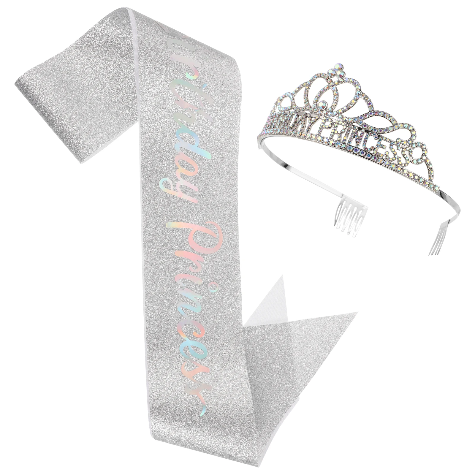 

Princess Birthday Set Silver Birthday Accessories AB Tiara Sash Women Party Accessories Durable Comfortable Hair Styling