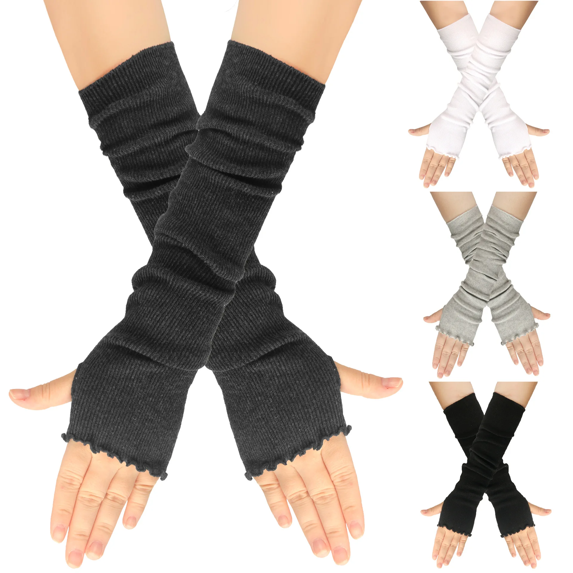 

Women's Long-Sleeved Half-Finger Arm Warmers with Ruffled Edges Cotton Gloves Long-Cuffs Gothic Knit Sleeves Harajuku Gloves
