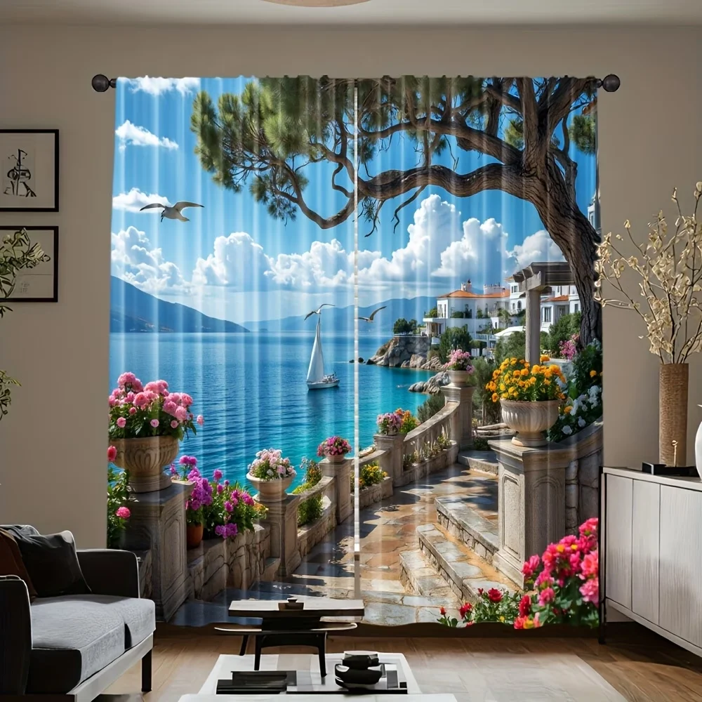 2PCS Digital Printed Curtains, Seaside Town Coastal Village Mediterranean, Window Drapes for Living Room Bedroom Home Decoration