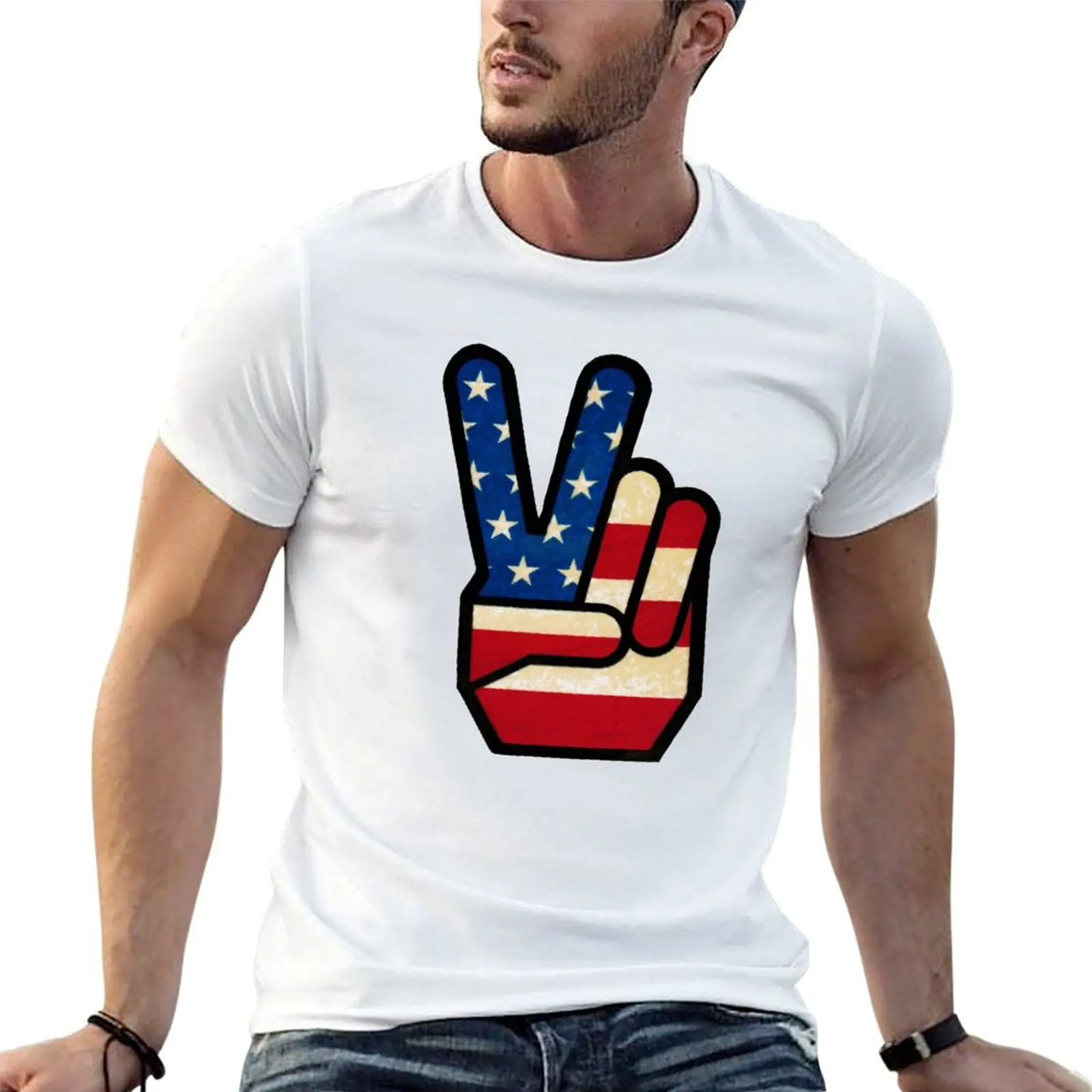 Vintage Peace Sign Fingers American Flag T-Shirt man t shirts graphic man tshirt printed t shirts for man T-shirt