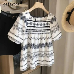 Women Fashion Vintage Print Sexy Hollow Blouses Summer Square Collar Chic Shirts Casual Short Sleeve Loose Tops Blusas De Mujer