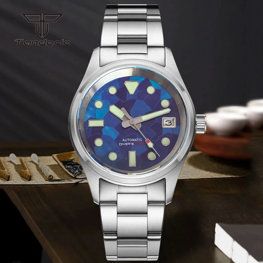 Tandorio Mother of Pearl Dial 36mm Pilot 20Bar Steel Automatic Watch for Men Lady Sapphire Crystal Date Luminous Wristwatch