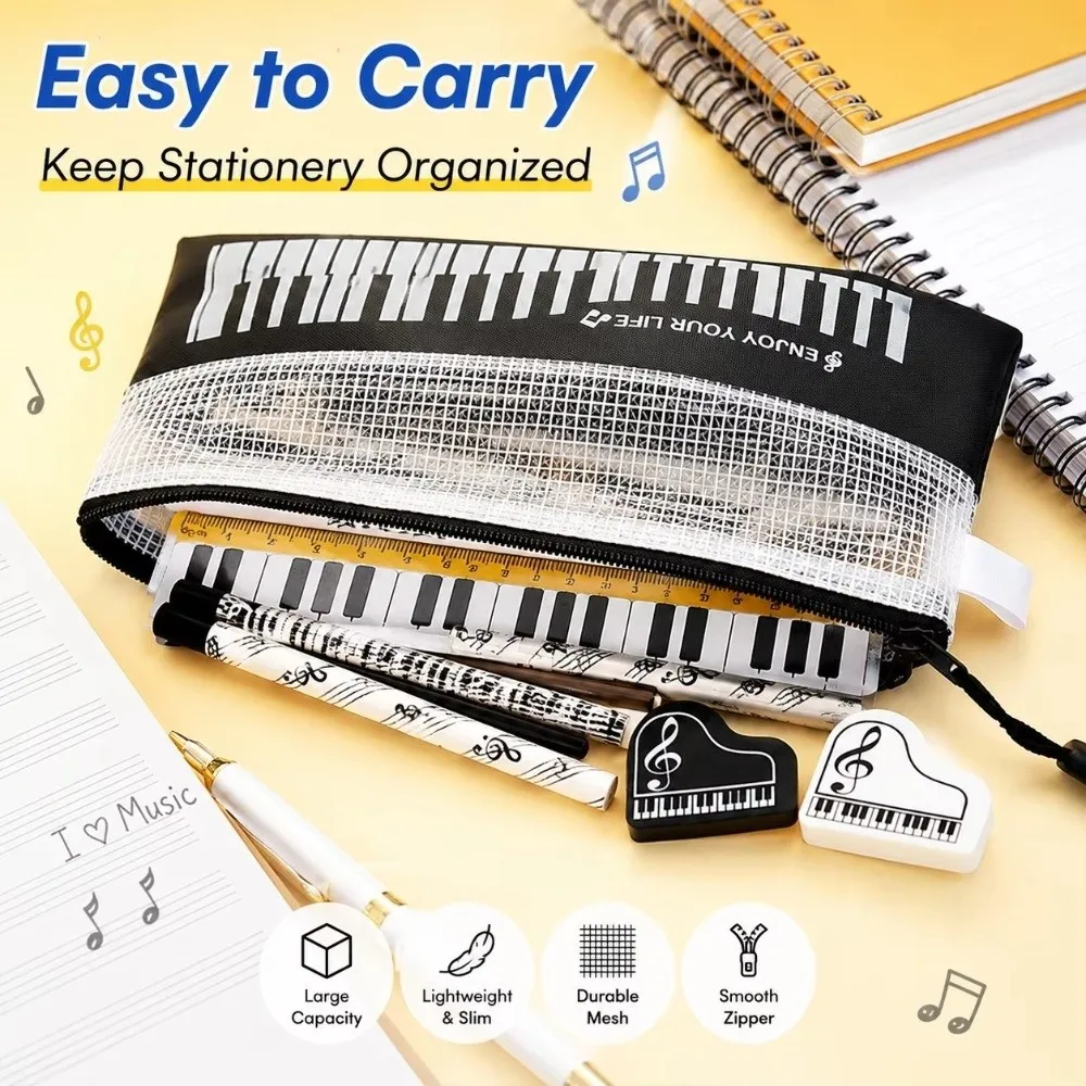 6Pcs 6-Piece Set Music Stationery Set Bill Organizer Note Pouch Ruler Pencil Eraser Piano Pen Case Music Theme Pencil Bag