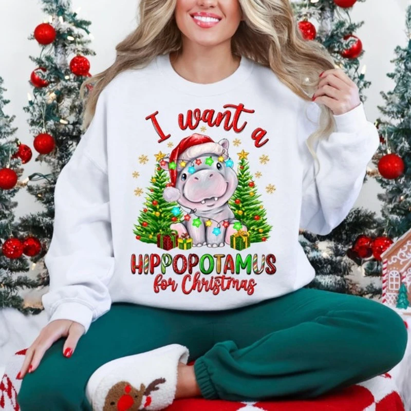 

I Want A Hippopotamus for Christmas Hippo Lights Xmas Party Family HoodieShirt Casual Soft Comfortable Fashion Winter Clothes