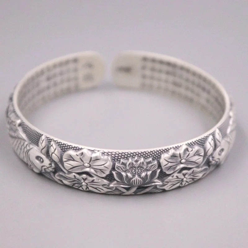 

Real Pure 999 Fine Silver Bangle Women Fish Lotus Flower Sutra Cuff Bracelet 50.1g