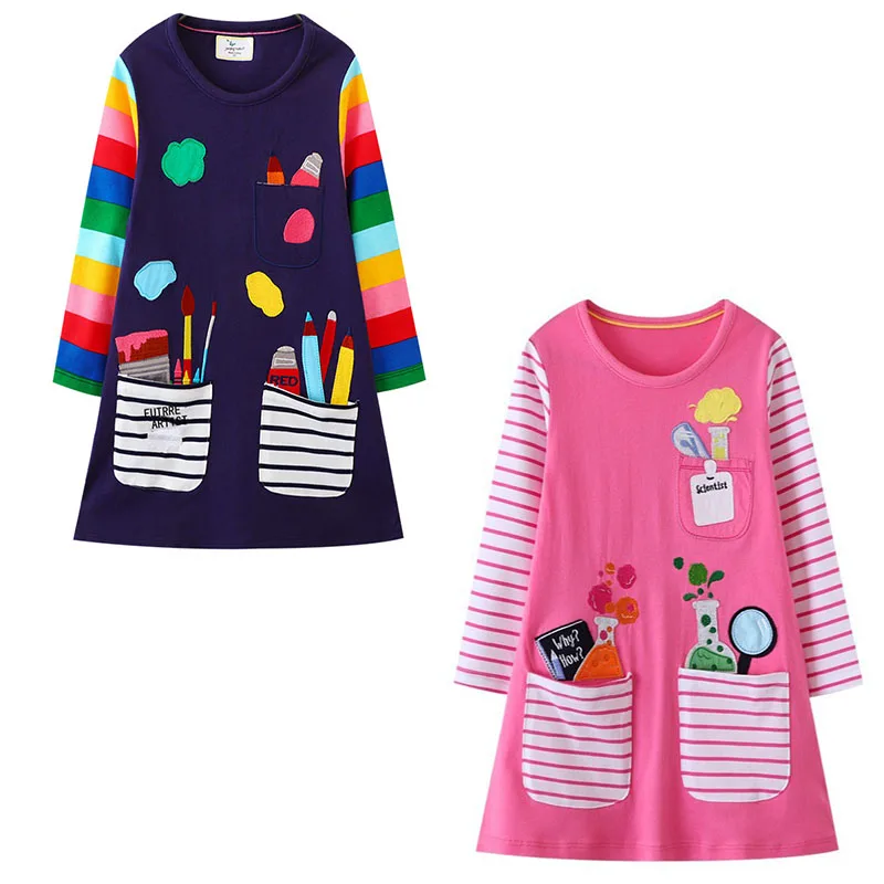 Jumping Meters Paint Brush Children's School Dresses With Pockets Pen Embroidery Long Sleeve Autumn Kids Preppy Style Dress