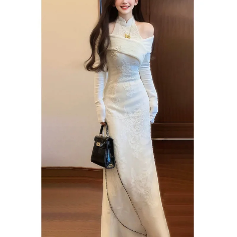 

French Women White Chinese Off-the-shoulder Dress Long Dress