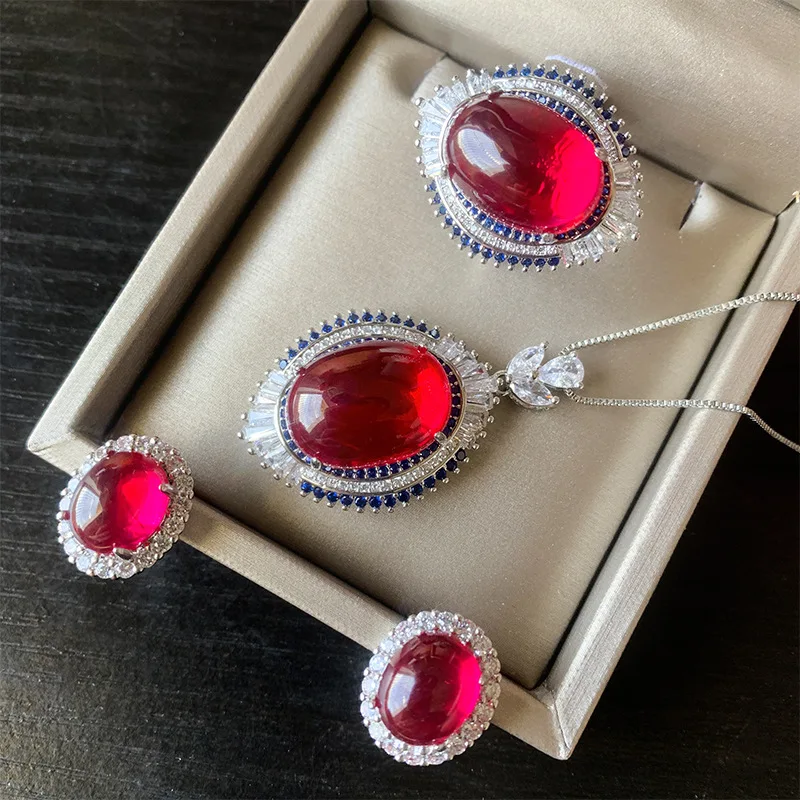 

Vintage Ruby Crystal Stone Necklace Pendant Adjustable Ring Earring Luxury Wedding Party Fine Jewelry for Women Anniversary Gift