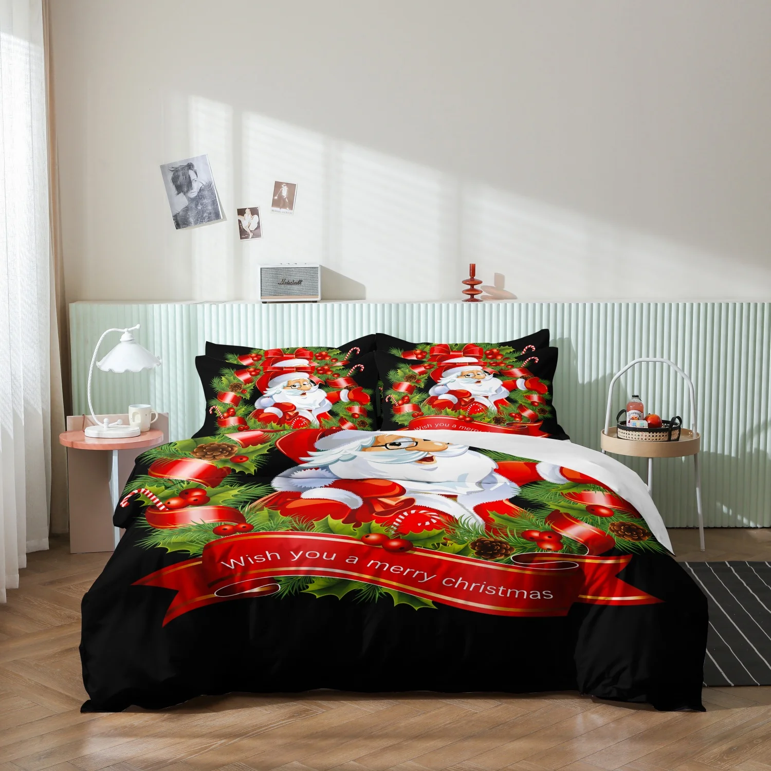  3Pcs Stylish Black Base Santa Claus Christmas Print Duvet Cover Set, Jolly Santa with Pine Wreath Print Bedding,