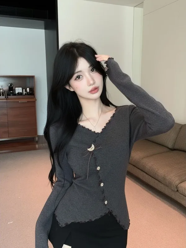 

Сексуальный вязаный топ с длинным рукавом и V-образным вырезом Pure Desire, облегающая базовая рубашка с узлом, дизайн под дерево, для чувственных девушек