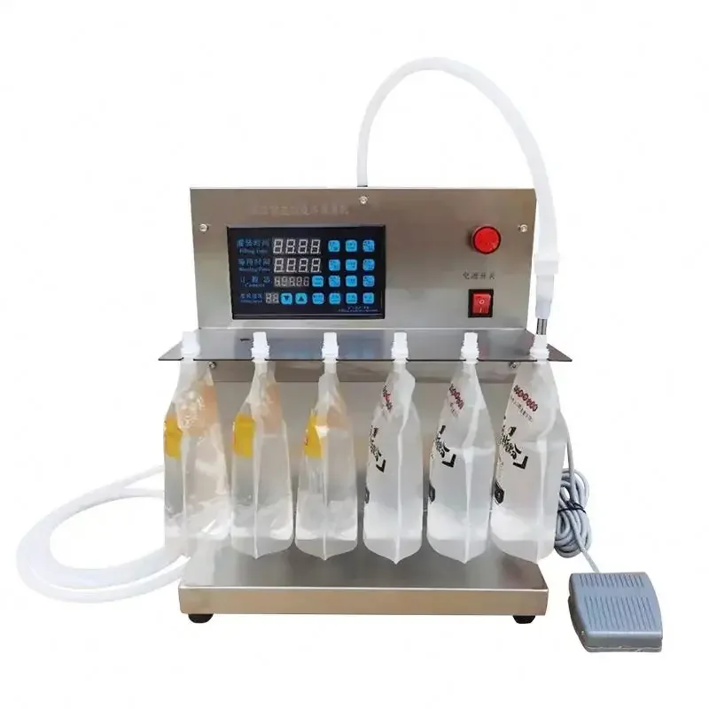 Small Semi Automatic Quantitative Liquid Beverage Milk Filling Machine Suction Nozzle Self Standing Design