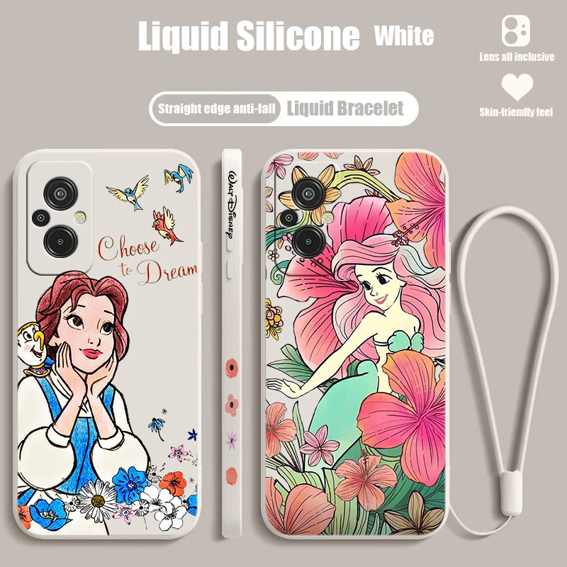 Disney Cute Princess Flowers Phone Case For Xiaomi Redmi 13C 12C 11A 10C 10X 9T 9C 9AT 9A 8A 7A A2 Plus Liquid Left Rope Cover