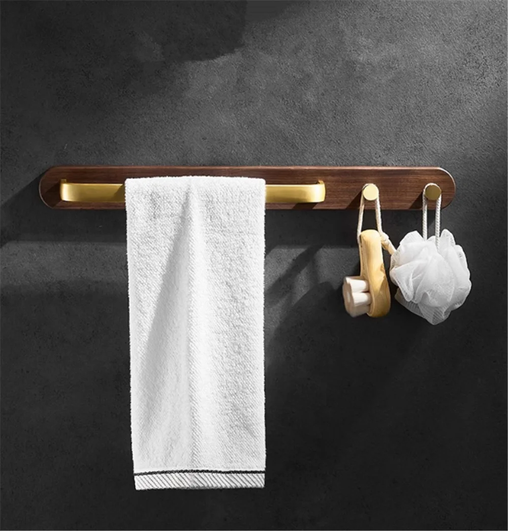 48CM Towel Hanger with Hooks Wall Mounted Towel Holder Gold Towel Bar Bathroom Towel Bar Rail Total Walnut Aluminum Towel Ring
