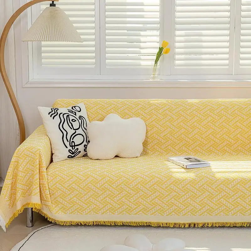 Waffle Weave Sofa Cover Soft Washable Fabric Tassel Edge Pet Friendly For Living Room Furniture Protection