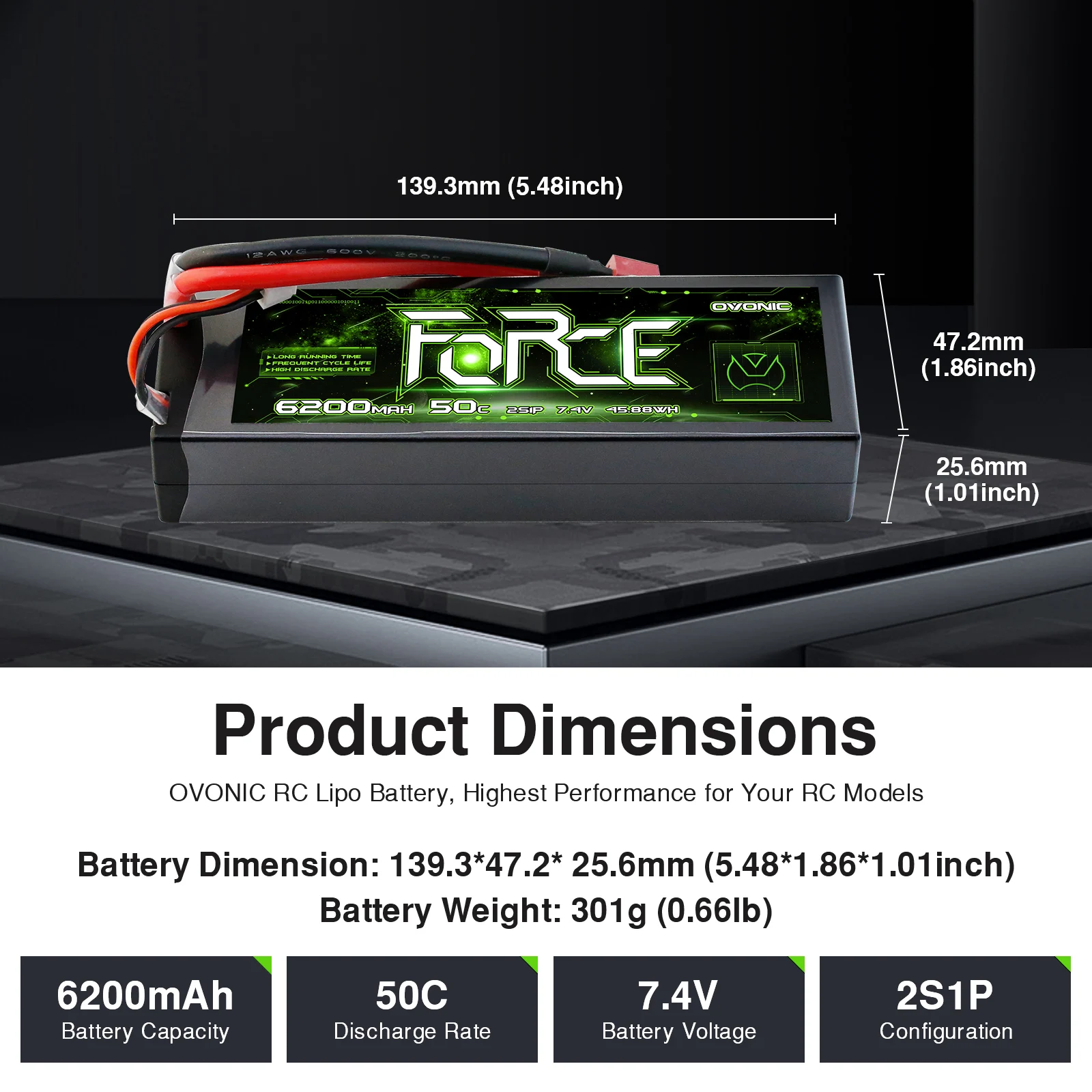 Ovonic 2S Lipo Batterij 6200mAh 2S1P 50C 7.4V Hard Case met Deans Plug voor 1/8 1/10 RC Auto Vrachtwagen Boot Voertuigen (2Packs)