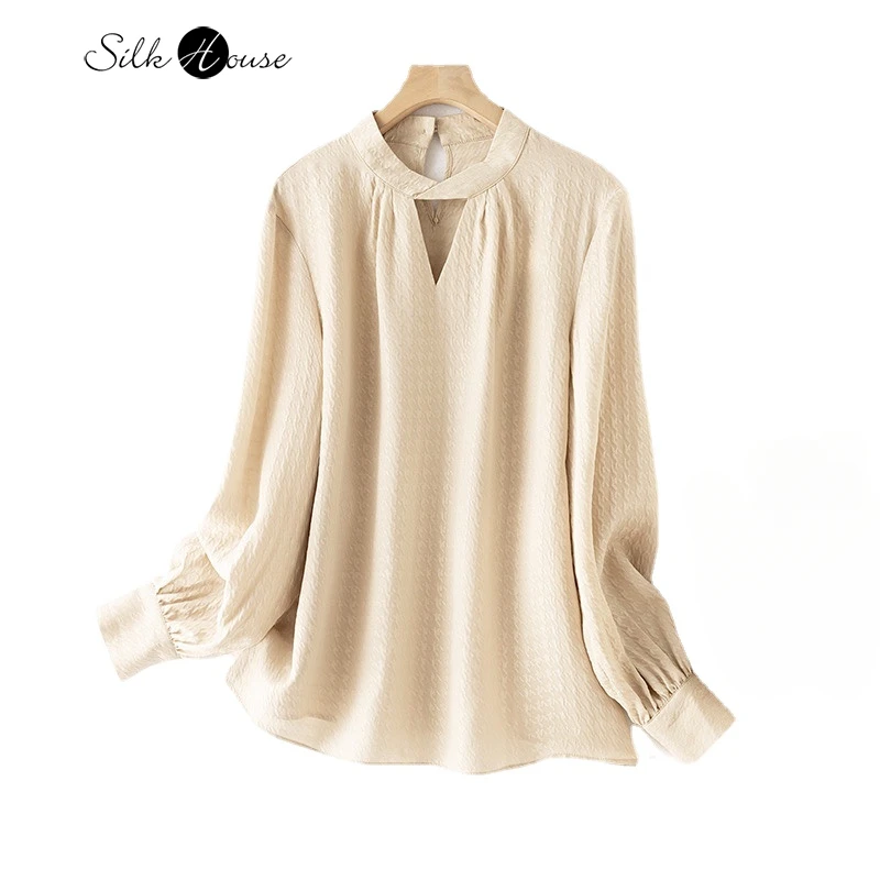 

Gorgeous Intellectual Hollow Shirt 2024 Spring New 100%Natural Mulberry Silk GuanLe Crepe Champagne Top T-shirt for Women