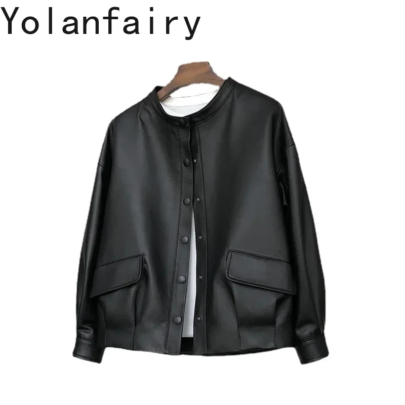 

YOLANFAIRY Короткая женская кожаная куртка из 100% натуральной дубленки, повседневные куртки для женщин, весна-осень 2025 Jaqueta Feminina