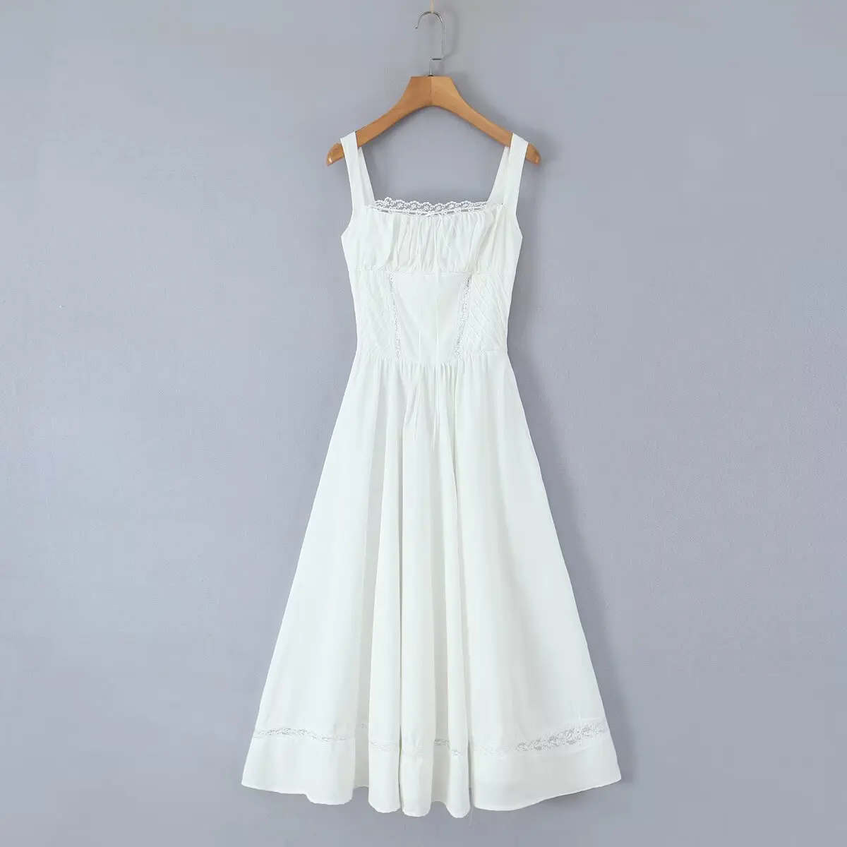 Jastie レーススプライシングエレガントなホワイトノースリーブドレス女性スクエアネック A ラインミディサマードレスパーティーローブ 2025