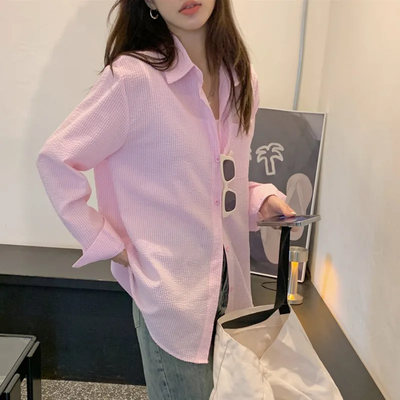 

2023 Korean Casual Loose Long-sleeve Mid-length Shirts Oversize Female Oversized Pink Striped Shirt Blouses Single Breasted Tops