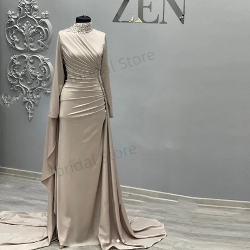 

Элегантное мусульманское вечернее платье с высоким воротом и длинными рукавами по индивидуальному заказу, длинное платье для выпускного вечера с жемчугом и кристаллами, атласные вечерние платья из бисера