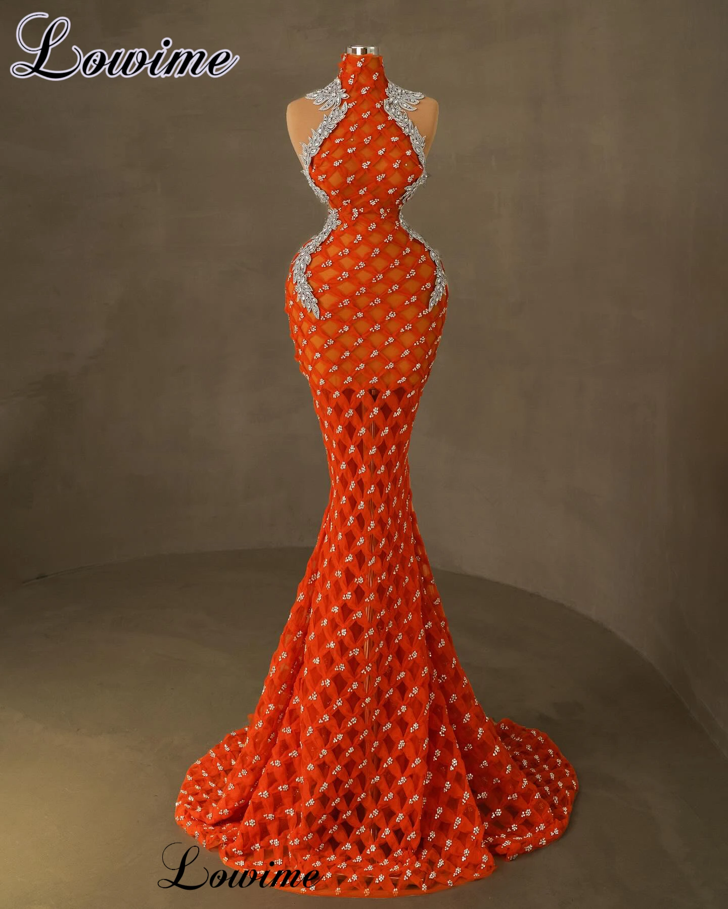 

2024 New Fashion Orange Celebrity Dresses Mermaid High Neck Crystals Evening Gowns Vestidos De Gala Formal Occasion Dresses