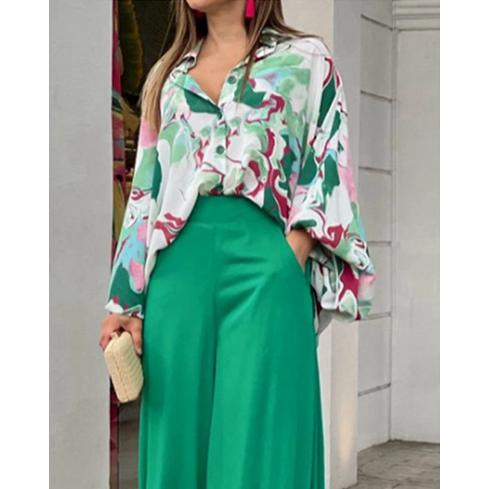 Women\'s Floral Print Long Sleeve Shirt Top and High Waist Wide Leg Pants Sets, Casual Oversized Outfits, Korean Style, Summer