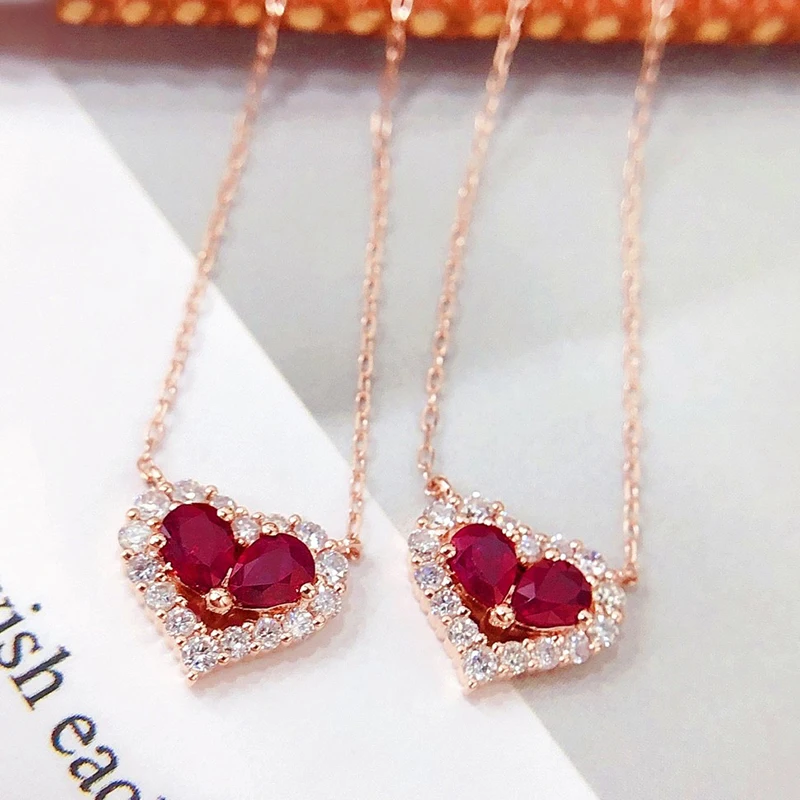 Natural ruby0.27Ct and Natural Real Diamond 0.19Ct 18K White Gold Heart Necklcae Ladies Birthday Gift Party Wedding Jewelry