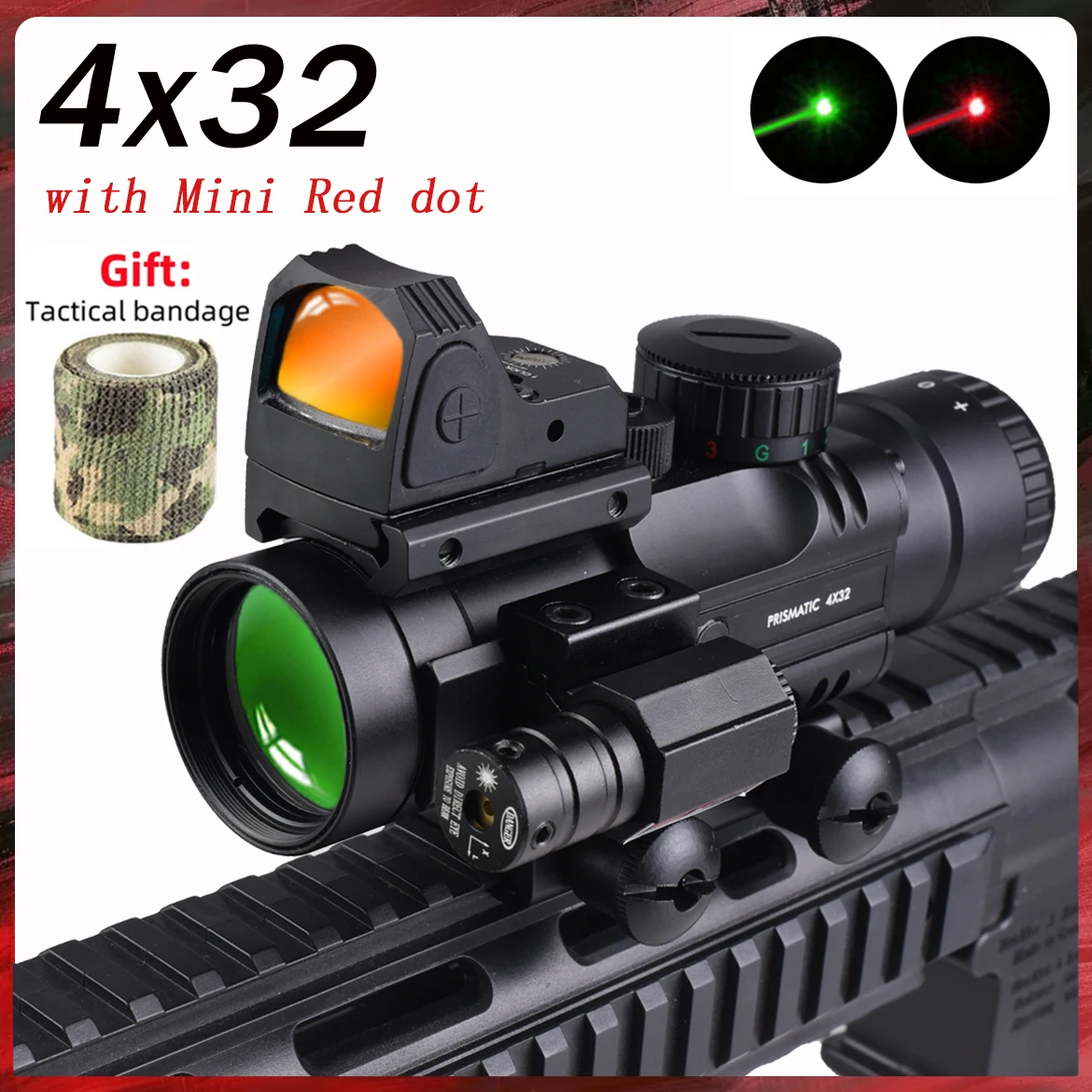 Outdoor 4X32 Red Green Blue Tri-Illuminated Color Crosshair Reticle Scope and Red Dot Optics Sight with Laser Tactical Combo