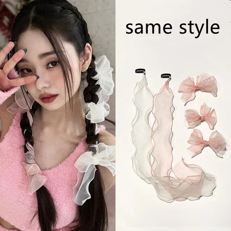 Sweet Hairclips Mesh Hairband Female Pure Desire Super Fairy Braided Hair Bow Hairpin Korean Streamer Headdress Hair Accessories