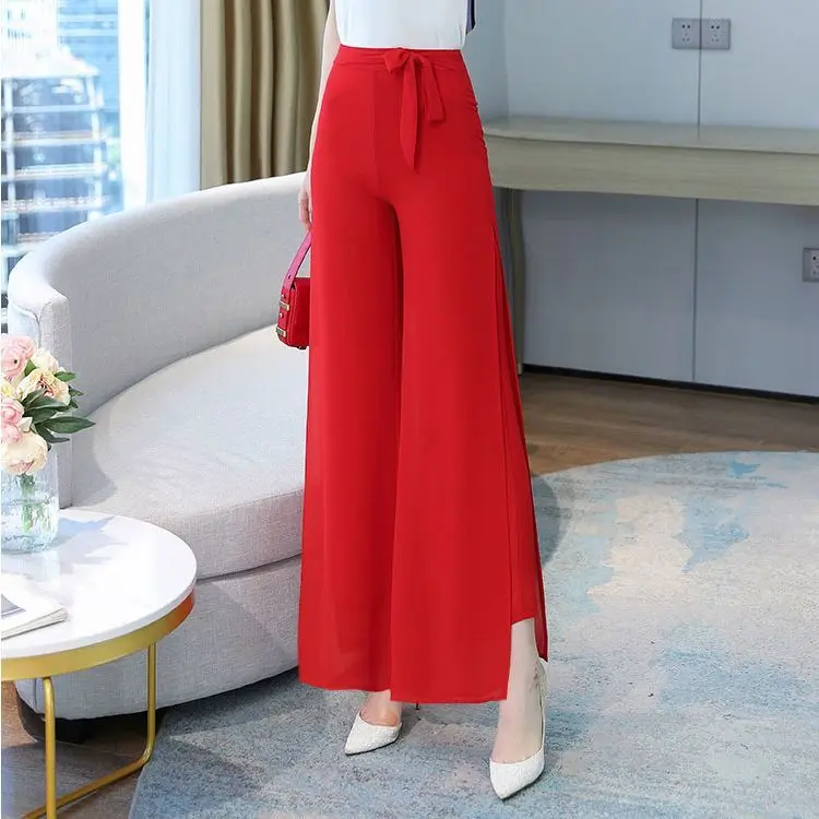 Pantalon taille haute en mousseline de soie pour femmes, jupe à fente latérale, nouveau pantalon de danse carré W45, 2025