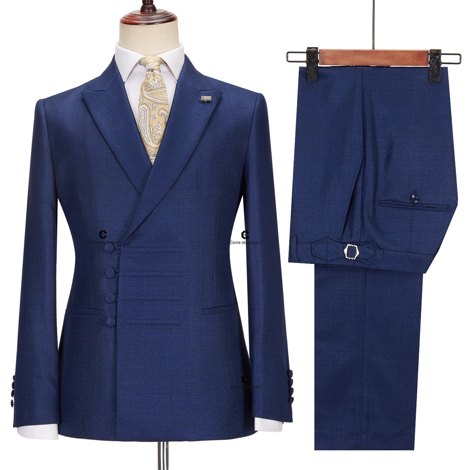 Cenne Des Graoom New Vintage Blue Suits for Men Chinese Knot Button Single Breasted Peak Lapel Jacket and Pants 2 Pcs Set Office