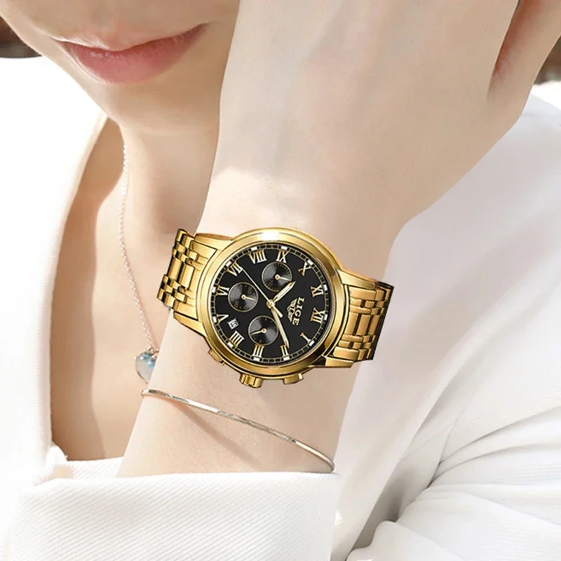 2024 LIGE Fashion Women Watches Ladies Top Brand luxury Waterproof Gold Quartz Watch Women Stainless Steel Date Wear Gift Clock