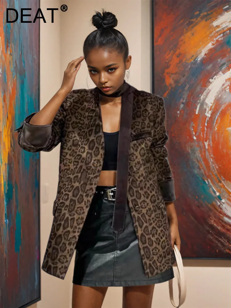 DEAT Moda Damska Aksamitna Wstążka Leopard Print Zamszowa Kurtka Garniturowa V-neck Luźny Płaszcz Damski 2024 Jesień Nowy 11A01207
