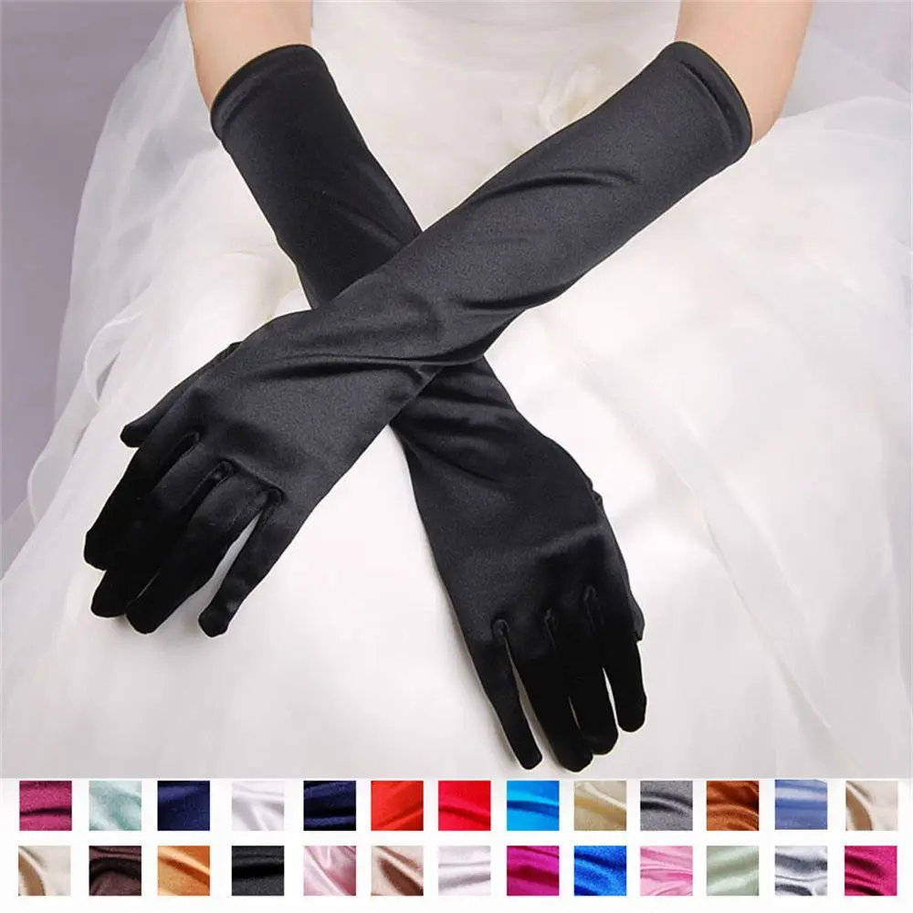 Classic Adult Black White Red Gold Skin Opera Wrist Stretch Satin Finger Long Gloves Women Wedding Gloves Matching Accessories