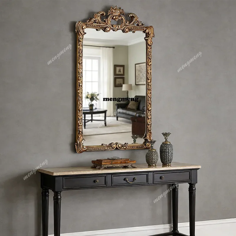 Best seller European retro carved fireplace mirror living room decoration French makeup mirror wall hanging bathroom dressing mi