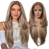 DWY Long Straight Layered 13*6 Lace Wigs Natural Hairline With Baby Hair Brown Blonde Highlights Synthetic Wigs For Women Daily