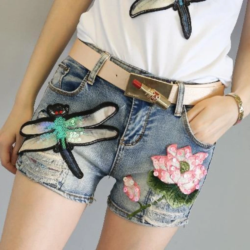 Summer Female Style Women Elastic Waist Vintage Denim Shorts Jeans Feminino Patchwork Embroidery Ripped Jeans Large Size Q772