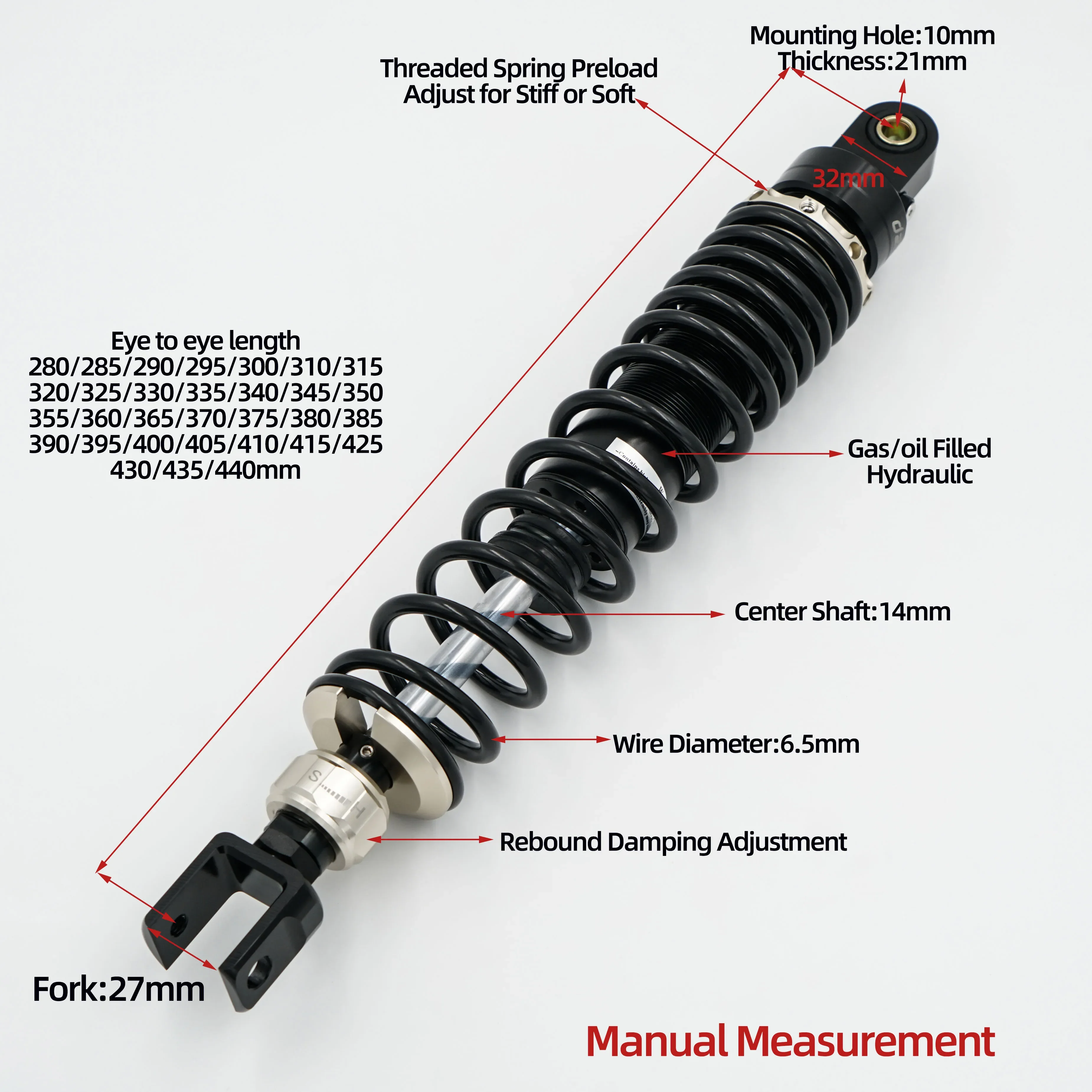 Amortiguadores Traseros de Resorte de 27 mm y 6,5 mm para Honda CL300, 500, Zontes 350D, 350E, Cyclone, Joymax Z300, Cruisym 300, Voge SR250GT, Cyclone RE3