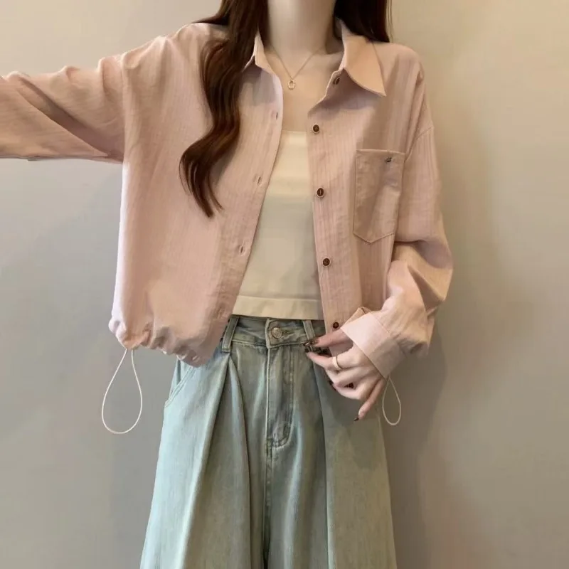 

Solid Color Button Lapel Pocket Cardigan Shirt Jacket Women's Polo Collar Striped Casual Loose Slim Top