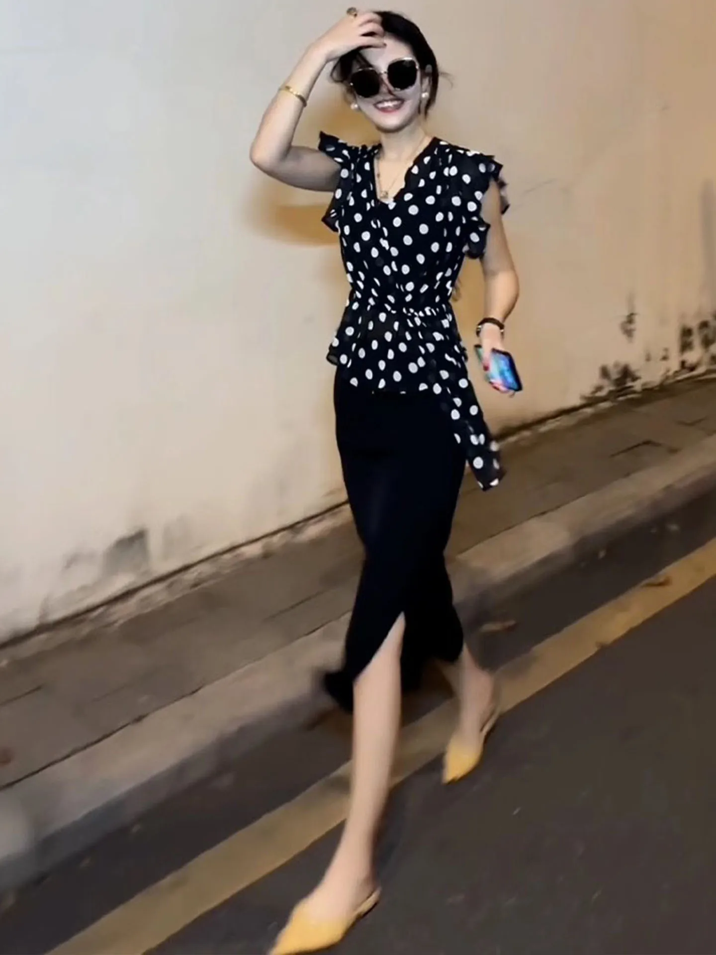 

Комплект с юбкой в горошек и разрезом, роскошный коврик Miu Sle, женский летний наряд Faion, ансамбль из двух предметов