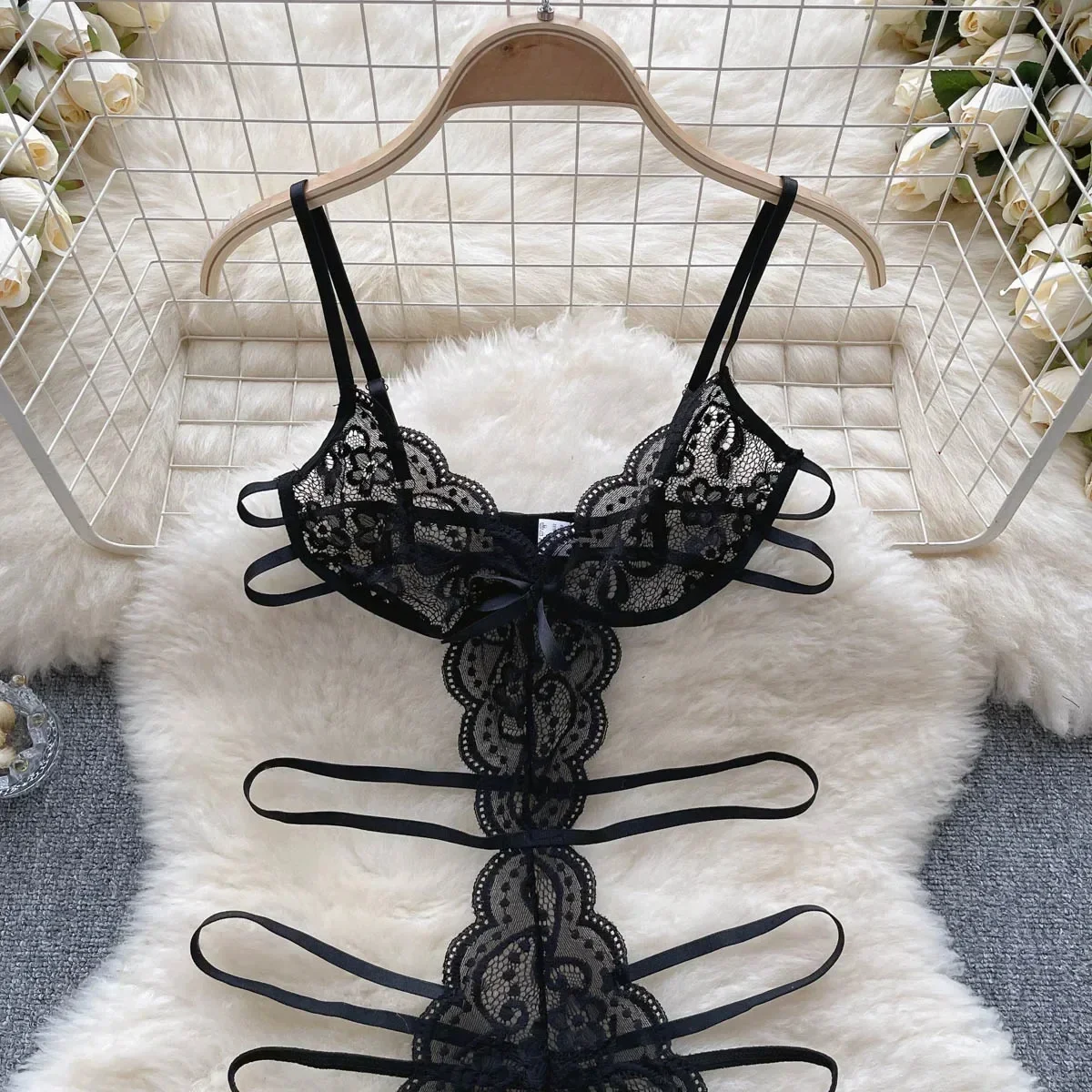 Черный однотонный прозрачный сексуальный комбинезон на шнуровке с сращенными бретелями, облегающее эротическое белье, боди, корректирующее белье, комбинезон с открытой спиной