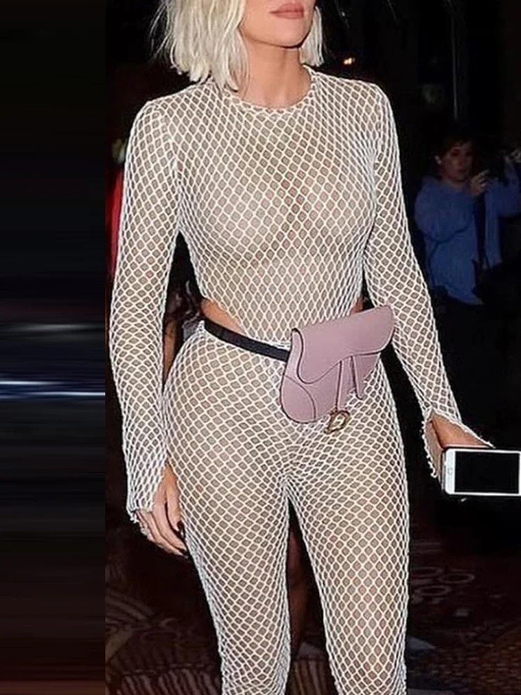 Bangniweigou fishnet mesh rompers women slit long sleeve semi-transparent bodysuit short jumpsuit overalls autumn winter