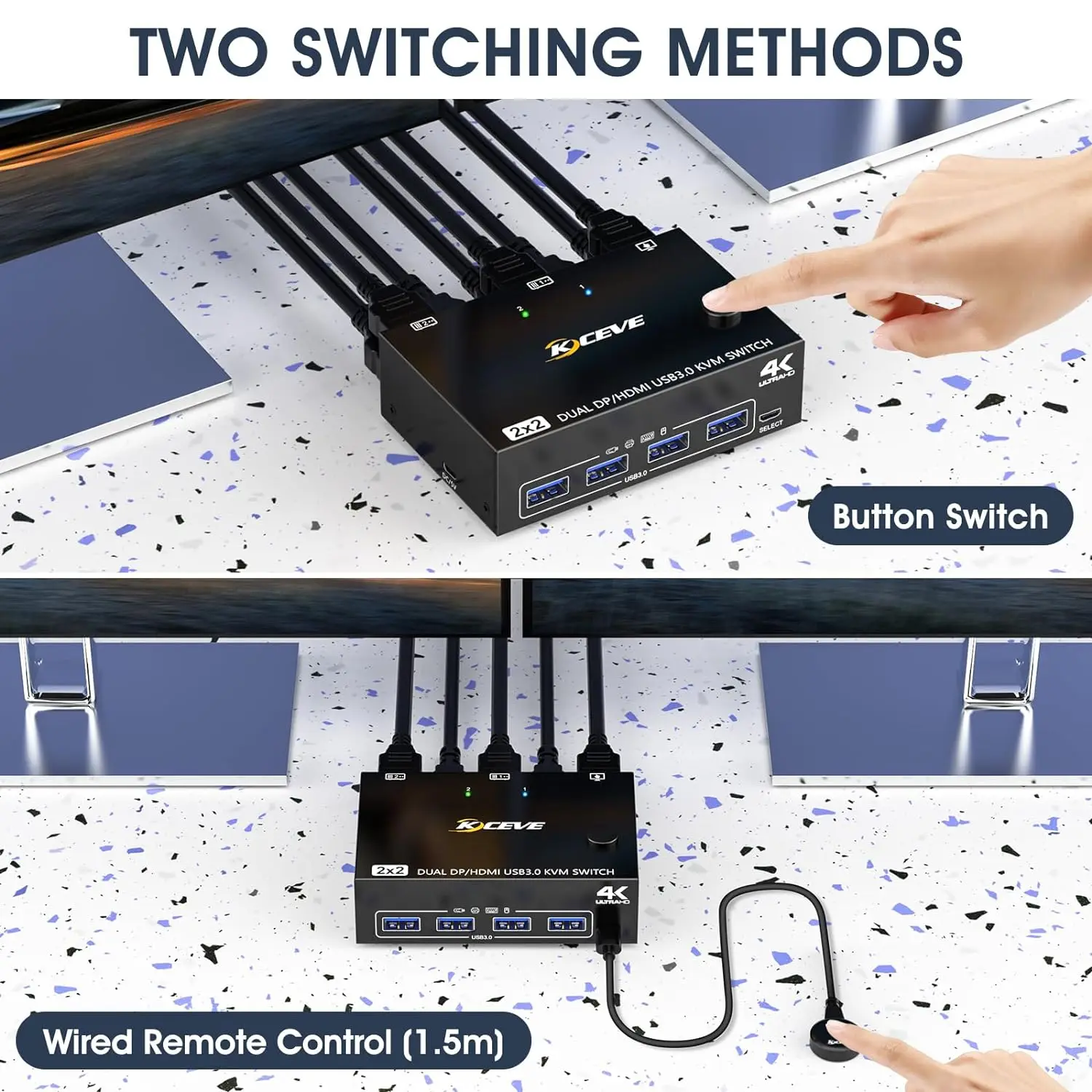 2024 yeni Kceve USB 3.0 çift monitör KVM Switch HDMI Displayport, 2 bilgisayar payı 2 ekran ve 4 USB3.0 cihazlar için KVM anahtarı