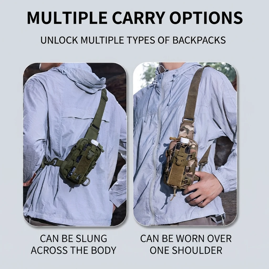 Tactical Water Bottle Bag Durable Nylon Crossbody Chest Pack Multi Pocket Scratch Resistant Outdoor Hiking Camping Travel Gear